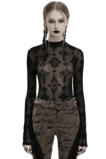 Chic Gothic Mesh Top with Cross Patterned Flocking